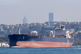Altura, a Turkish-owned crude oil tanker, transits the Bosphorus in Istanbul, Turkey, March 16